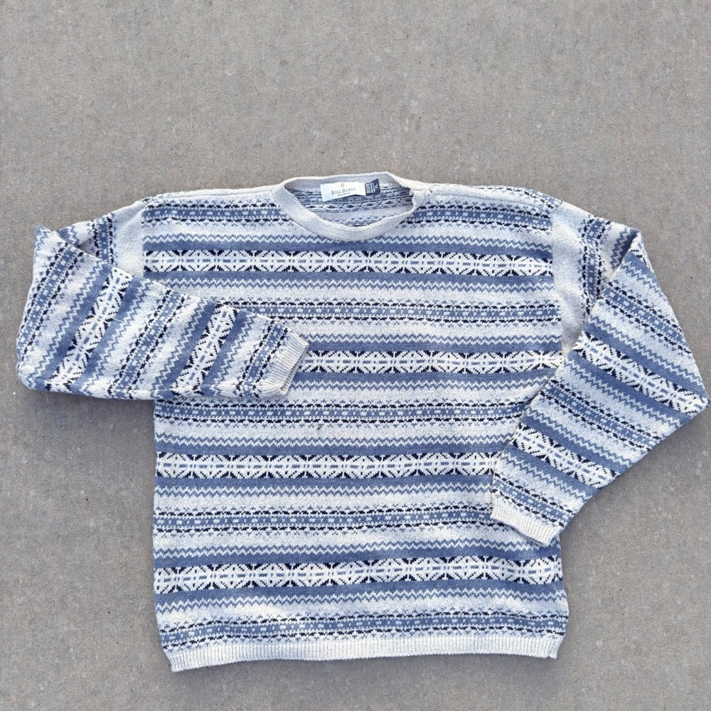 Bill Blass Nordic Fair Isle Crewneck Sweater Mens XL Blue White